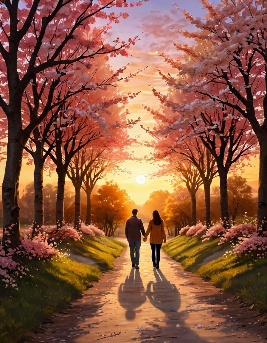 A serene pathway lined with blossoming trees representing the journey of love, with a couple holding hands and gazing into each other's eyes, surrounded by soft, glowing light to symbolize tenderness and intimacy. The background features a beautiful sunset blending warm hues, reflecting the warmth of lasting partnerships. super-realistic. vibrant colors. peaceful atmosphere.