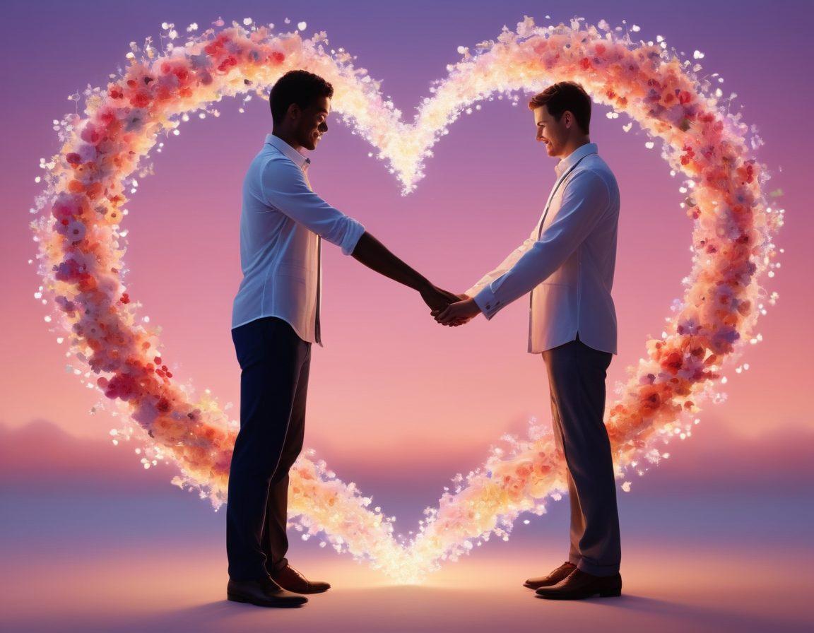 A beautifully entwined couple holding hands, surrounded by symbols of love like hearts and flowers, with a soft glow emanating around them to symbolize chemistry. The background transitions from a playful flirtation scene to a warm, romantic wedding atmosphere, illustrating the journey from initial attraction to lifelong commitment. The couple exchanges joyful glances that convey deep connection and affection, set in a dreamy, pastel color palette. super-realistic. vibrant colors. romantic atmosphere.